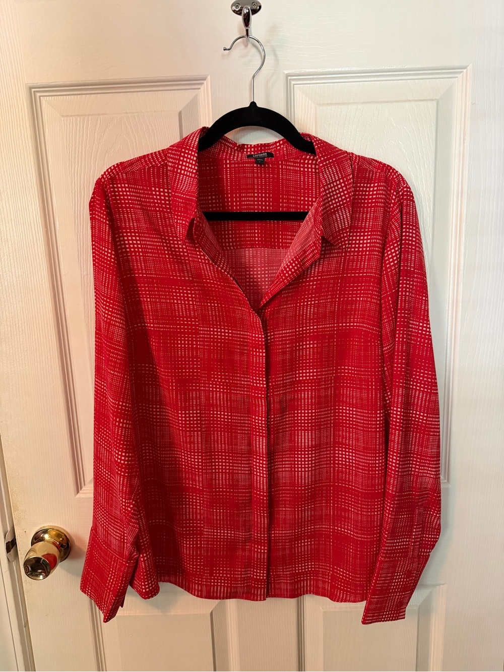 Express Red and White Patterned Button-Up Blouse